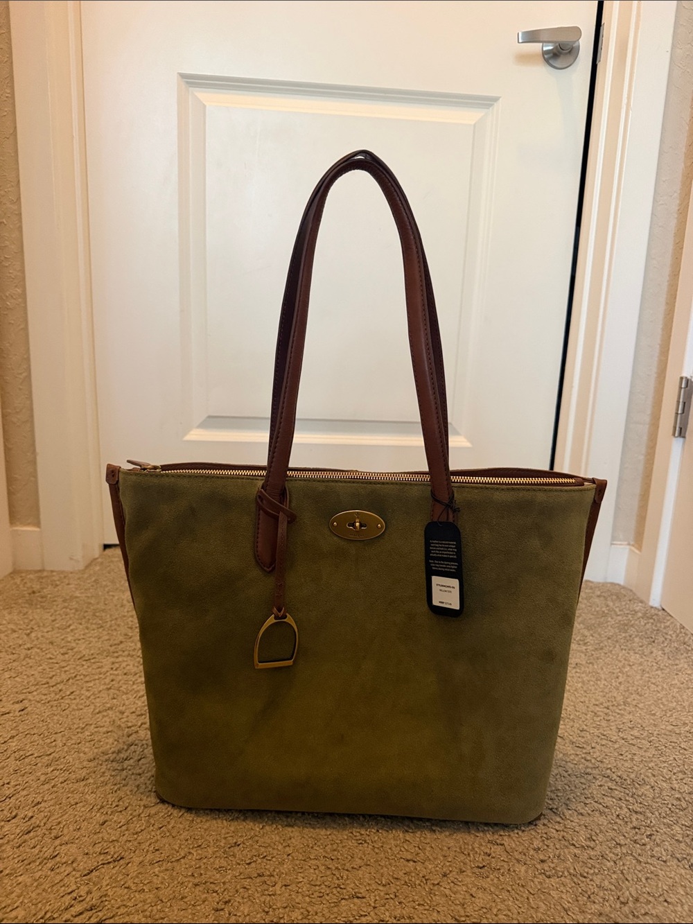 margot Olive Green Suede Tote with Brown Leather Straps